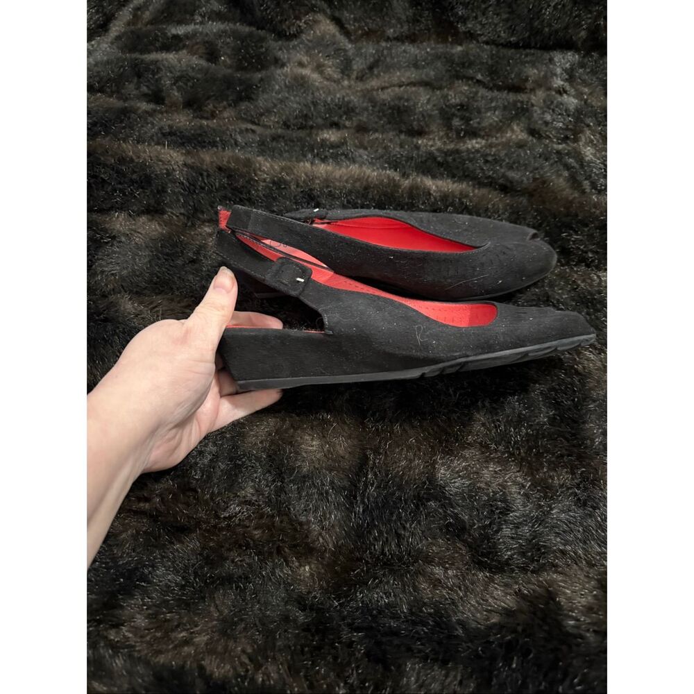 PAS DE ROUGE Silvia Suede Peep Toe Slingback Low‎ Wedge Sandals Women 38 US 7.5